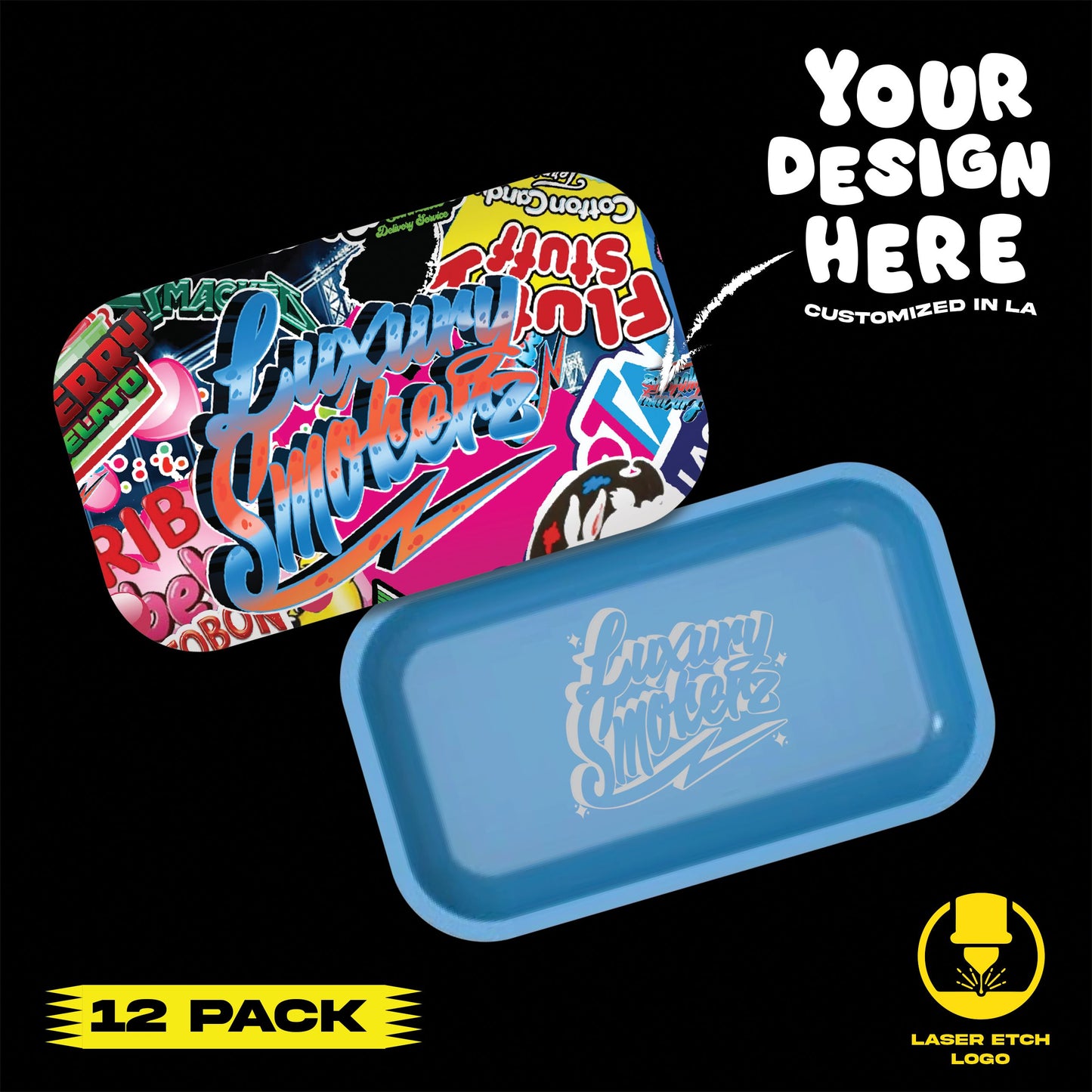 (12 PACK) Custom Etched Tin Rolling Tray Medium 10.6"x6.3" (Magnetic Lid)