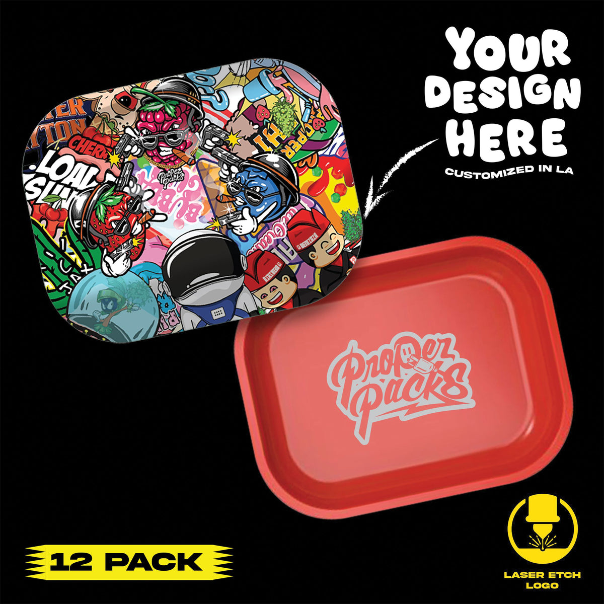 (12 PACK) Custom Etched Tin Rolling Tray Small 7"x5.5" Lid