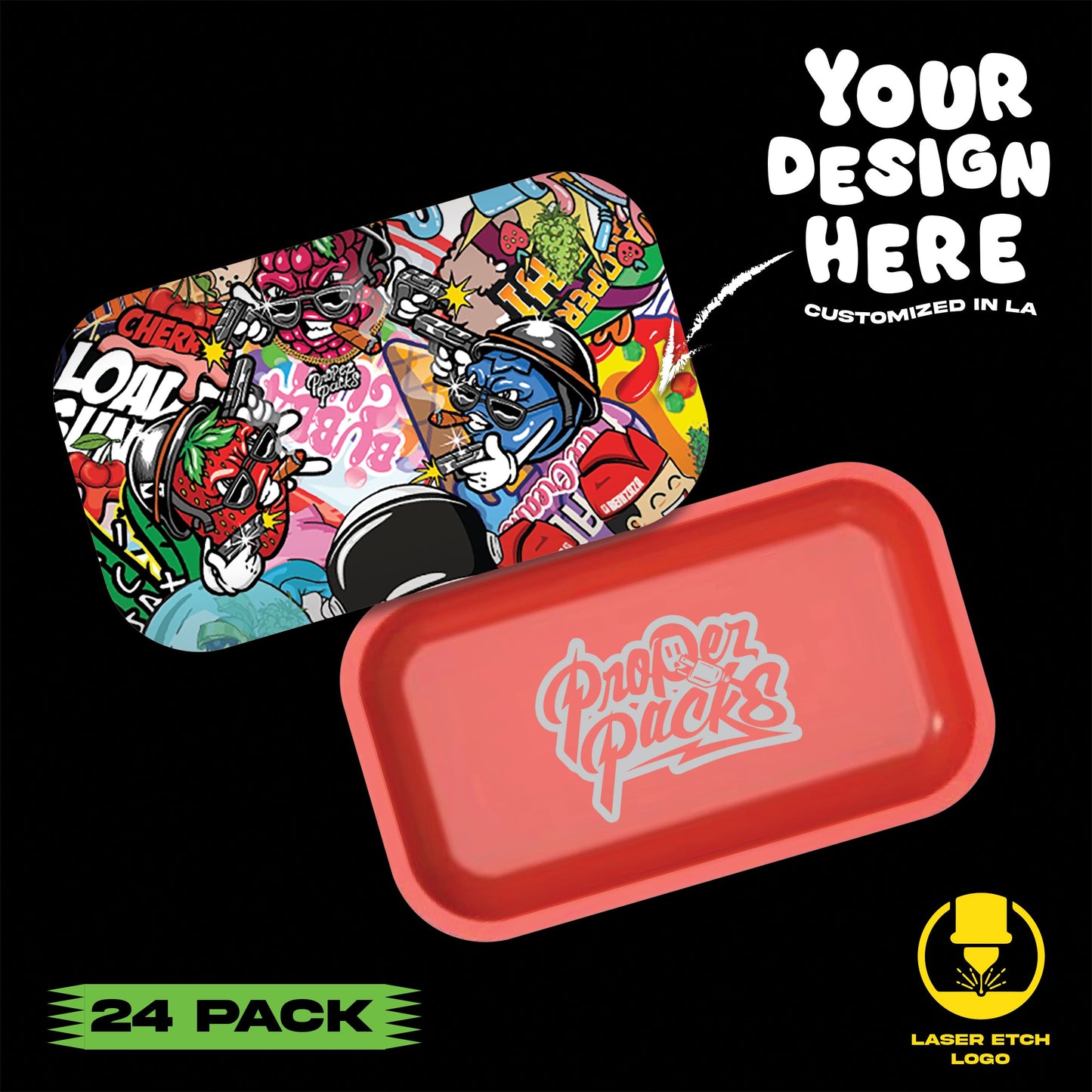 (24 PACK) Custom Etched Tin Rolling Tray Medium 10.6"x6.3" (Magnetic Lid)