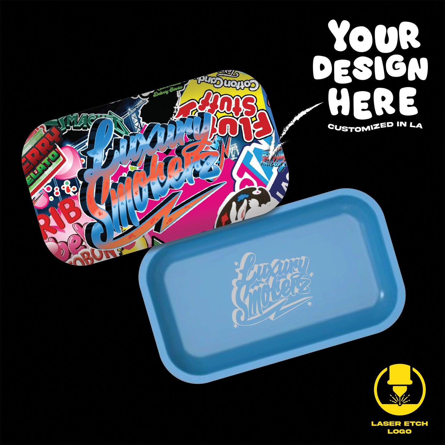 (24 PACK) Custom Etched Tin Rolling Tray Medium 10.6"x6.3" (Magnetic Lid)