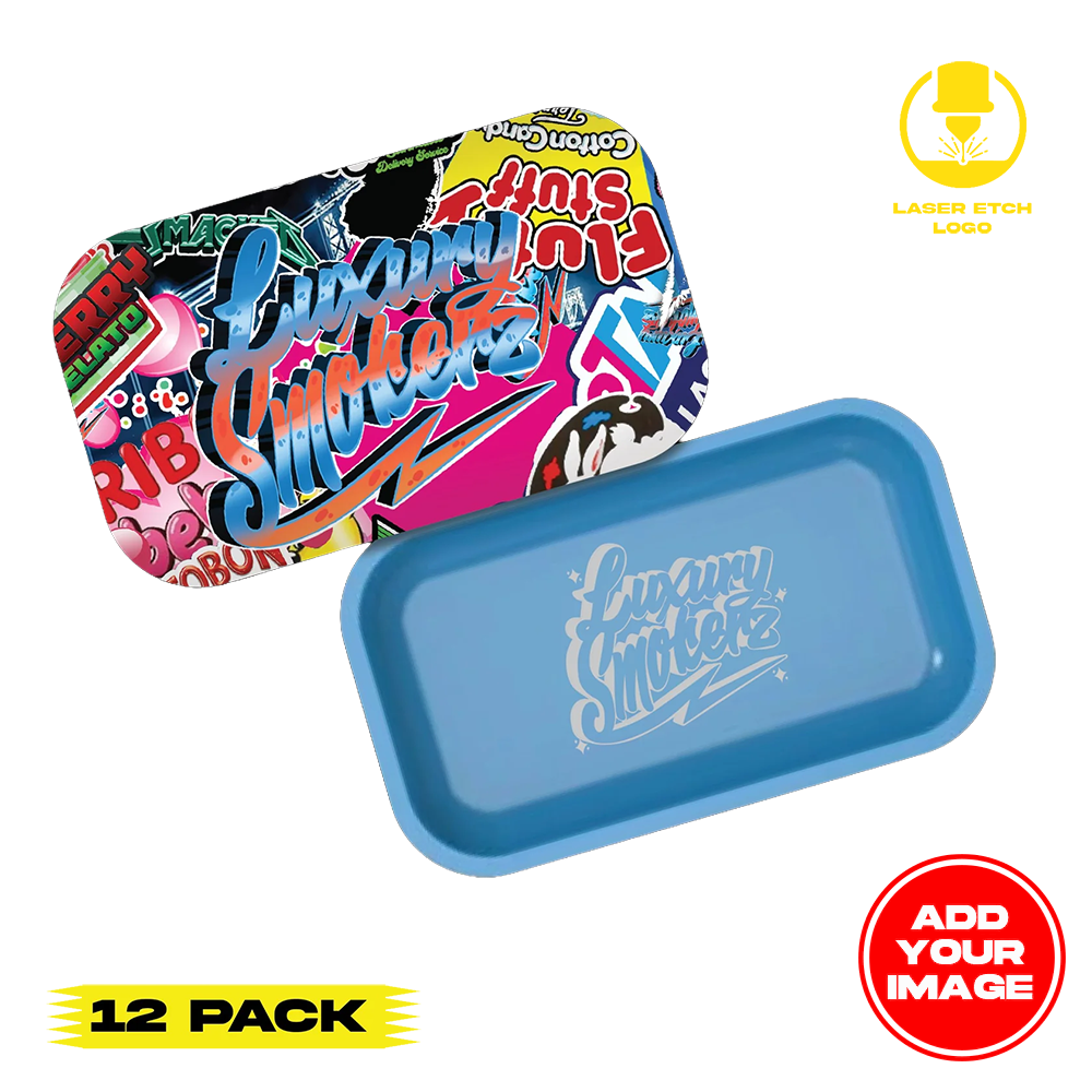 (12 PACK) Custom Etched Tin Rolling Tray Medium 10.6"x6.3" (Magnetic Lid)