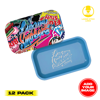 (12 PACK) Custom Etched Tin Rolling Tray Medium 10.6"x6.3" (Magnetic Lid)