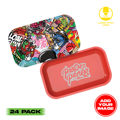 (24 PACK) Custom Etched Tin Rolling Tray Medium 10.6"x6.3" (Magnetic Lid)