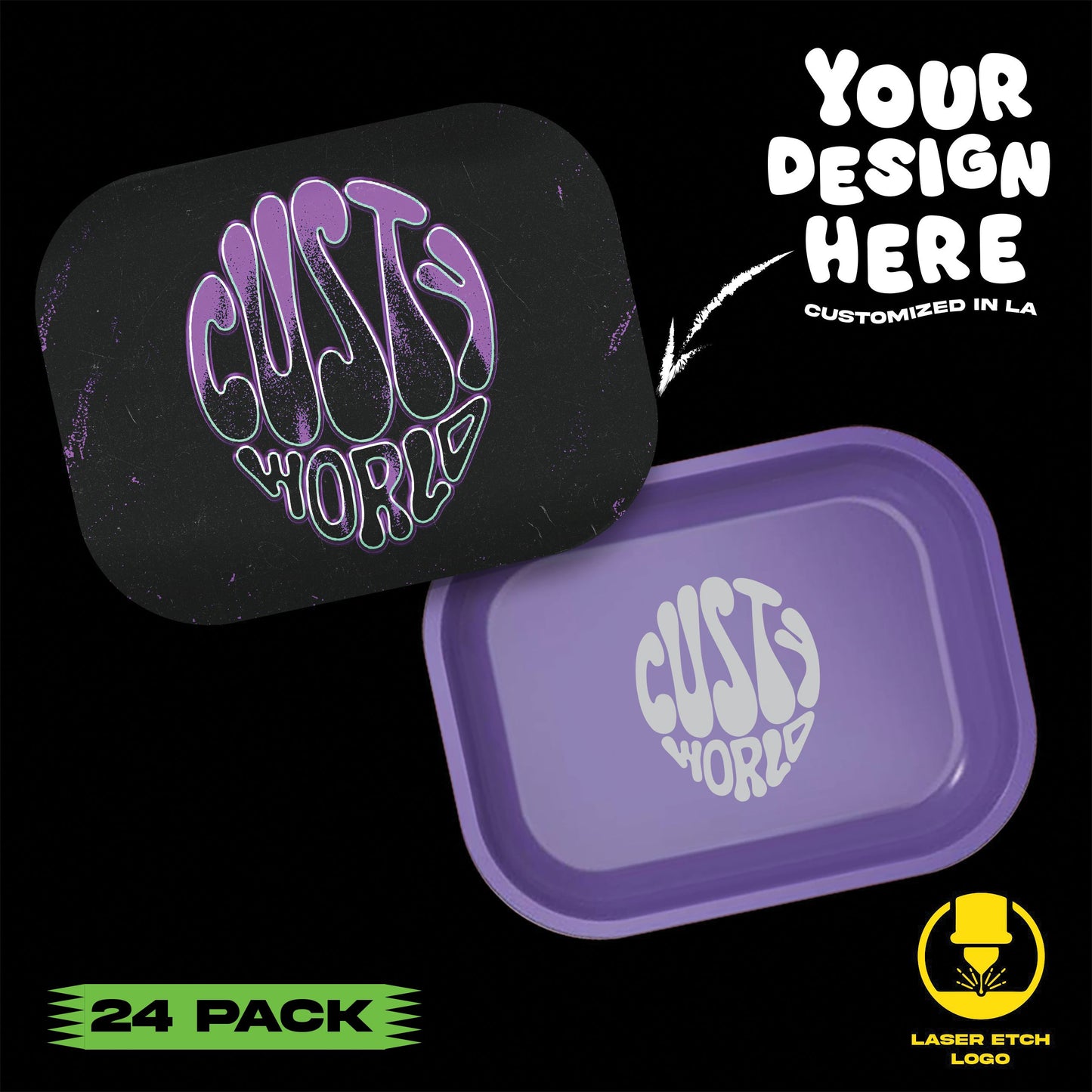 (24 Pack) Custom Etched Tin Rolling Tray Small 7"x5.5" (Magnetic Lid)