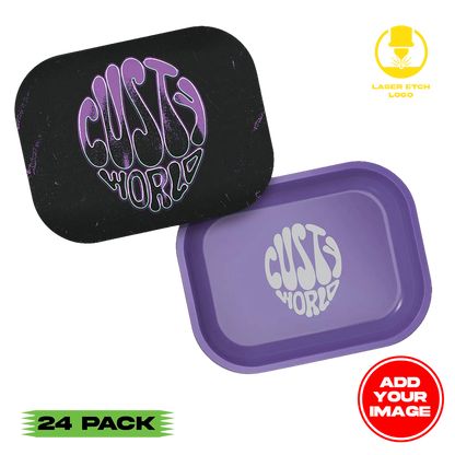 (24 Pack) Custom Etched Tin Rolling Tray Small 7"x5.5" (Magnetic Lid)