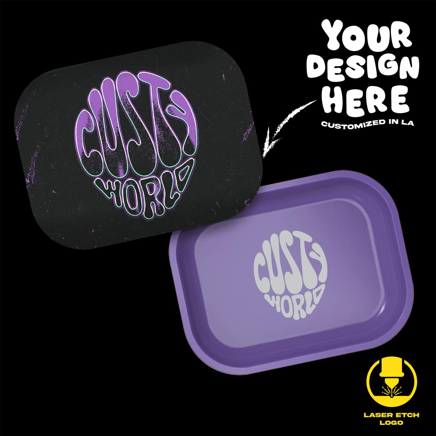 Custom Etched Tin Rolling Tray Small Set with Ash Tray and Jar (BUNDLE)