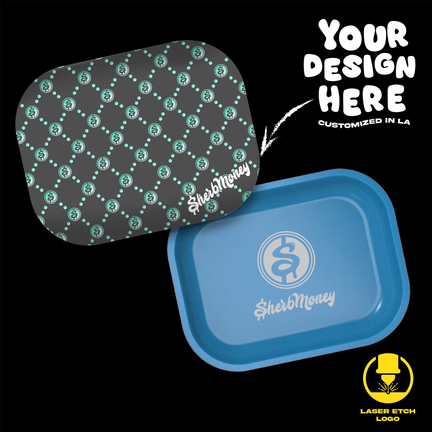 Custom Etched Tin Rolling Tray Small Set with Ash Tray and Jar (BUNDLE)